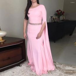 Party Dresses Elegant Pink One Shoulder Prom Dress Simple Long Sleeve Belt Straight Gown Floor Length Evening Vestidos De Gala