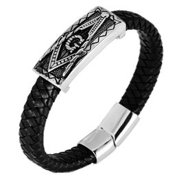 Valentine039s Day Gift Masonic Bangle Bracelet Titanium Steel Leather Bracelet Bracelet Men Stainless Steel Leather Woven Brace3421608