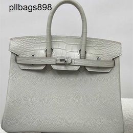 Handmade 7a Handbag Bikns Genuine Leather Pearl Grey Mist Faced Crocodile Skin Touch 25CM Womens HandsewnRHOH
