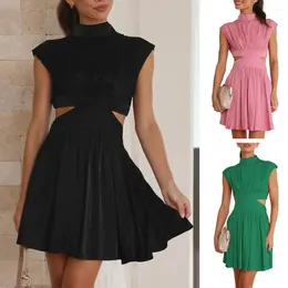 Casual Dresses Women Summer Dress Hollow Out Stand Collar Tight Waist Loose Hem A-line Dress-up Breathable Pleated Party Lady Clothing