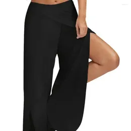 Women's Pants Elastic Waist Mid-Rise Solid Colour Straight Yoga Women Split Wide Leg Cropped Female Clothing Dance Trousers