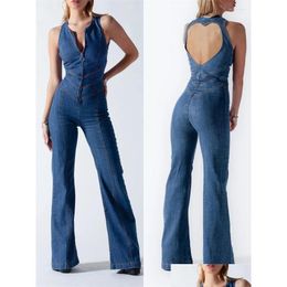 Women'S Jumpsuits & Rompers Backless Heart Cutout Bodycon Jumpsuit For Women Casual Sleeveless Slim One-Piece Outfits Retro Denim Dro Dhkp5