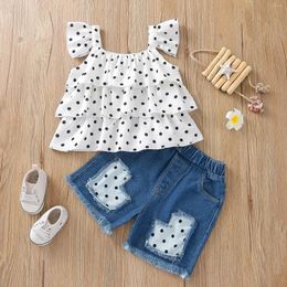 Clothing Sets Kids Girl Suit Baby Girls Polka Dots Print Sleeve Tops Denim Shorts Summer 2pcs Outfits Clothes 2024 3 4 5 T