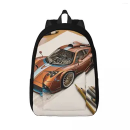 Backpack Speed Sports Car Canvas Backpacks Coloured Cartoon Pencil Art Unisex Fun Fitness Bags