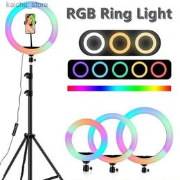 Continuous Lighting 8/10 inch selfie ring light RGB tripod phone holder photography ring light circular fill light LED color light pleated makeup Y240418