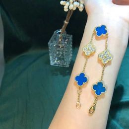 Mode 925 Sterling Silver Van Blue Agate Four Leaf Grass Five Flower Armband Plated With 18k Gold Jade Marrow Diamond Hand smycken Högversionsmycken