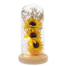 Decorative Flowers Sunflower LED Lamp Light Dome Miniture Decoration Night Table Dried Glass