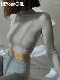 Women's T Shirts HEYounGIRL Solid Nude Turtleneck Cropped Shirt Women Autum