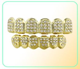Hip Hop Iced Out Top Bottom Teeth Grillz Colourful Rhinestone Punk Grills Dental Gold Tooth Caps Rapper Jewelry4421342