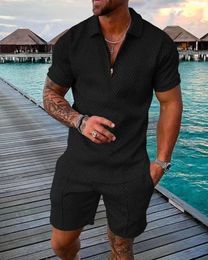 Mens Athletic TShirt Set Casual Lapel Short Sleeve Pullover Zip Up Tshirt Shorts 2Piece Sets Solid Sporty Suits 240411