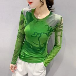 Dresses #5638 Red Green Print T Shirt Women Long Sleeve Oneck Casual Basic Mesh T Shirt Female Tight Tee Shirt Femme Thin Korean Style