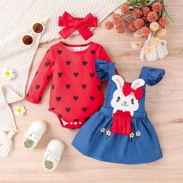 Clothing Sets Baby Girl Easter 3Pcs Outfit Heart Print Long Sleeve Romper With Embroidery Overall Dress And Bow Headband