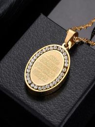 Mens Stainless Steel Gold Tone Oval Rhinestone Surrounded Pendant Necklace Islamic Arabic God Islam Muslim Jewellery Gift9009124