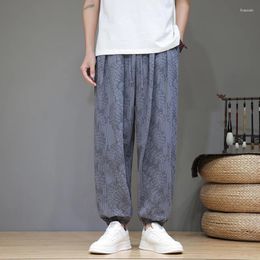 Ethnic Clothing Men Cotton Linen Printed Haren Pants For2024spring Retro Chinese Style Traditional Casual Loose Tang Suit Ankle Banded