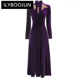 Casual Dresses ILYBOOJUN Fashion Designer Autumn Velvet Dress Women Bow Stand Collar Long Sleeve Lace Patchwork Vintage Party