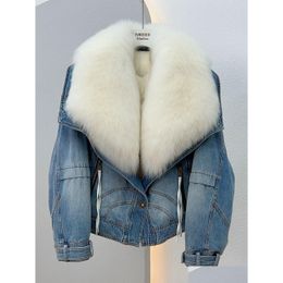 Womens Fur Faux Winter Women Parka Big Collar Coat Denim Down Jacket Short Casual White Goose Warm 230922 Drop Delivery Apparel Clothi Dh2Pw