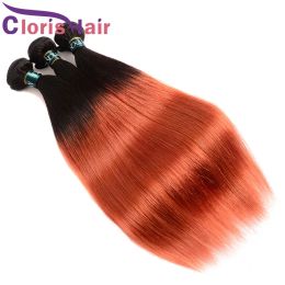 Wefts Burnt Orange Coloured Straight Human Hair Bundles Malaysian Virgin Weave 3pcs Deals Soft Ombre Extensions 1B 350 Dark Roots Double