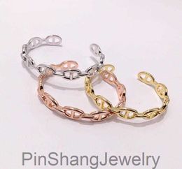 Top quality famous Brand Pure 925 Sterling Silver Jewelry open size Hollow pig nose Bracelets For Women Men Retro Cuff Bracelets B2892260