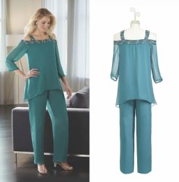 Two Pieces Bead Mother Of The Bride Pant Suits Hot Chiffon Off Shoulder Mothers Gowns For Fall