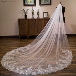 Wedding Hair Jewelry Wedding Veil Lace Edge Long Luxurious Bridal Veil Applique Sequins White/Ivory Veil With Comb Cathedral One-Layer 3Meters
