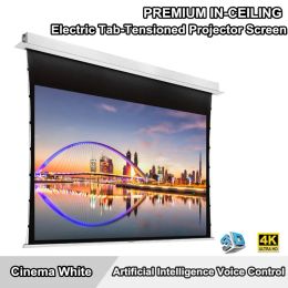 New style hidden in-ceiling recessed projector screen 3D 4K Motorised tab-tension home Theatre Matte White projection screen