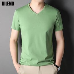 Top Grade 100 % Cotton Men t Shirt Brand Summer Tops V Neck Solid Color Plain Short Sleeve Casual Fashion Mens Clothes 240402