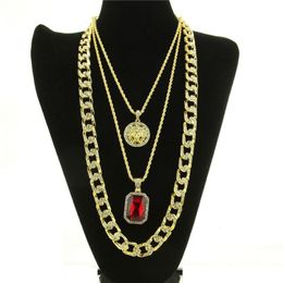 Fashion-Hop Necklace Jewelry New Ruby Pendant Necklace 3Pcs Set Fashion Cuban Link Chain Jewelry Set335c