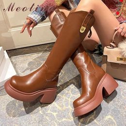 Boots Meotina Women Genuine Leather Western Knee High Boot Round Toe Thick Heel Platform Zipper Long Lady Shoes AutumnWinter