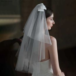 Wedding Hair Jewellery V848 Elegant White Wedding Bridal Veil Soft Tulle Two-Layer Cut Edge Bride Elbow Veil with Satin Bow Women Marriage Accessories