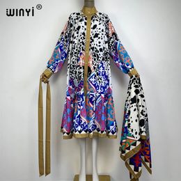 WINYI three-piece suit dressBeltheadscarf Fashion boho printing Women Summer Clothing Kimono holiday beach Dress 240418