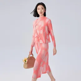 Work Dresses MIYAKE PLEATS Summer Short-sleeved Dress Two-piece Set Simple Slim Straight Versatile Lace-up Short Jacket Sets