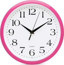 Clocks Pink Wall Clock 10 Inch Silent Non Ticking Battery Operated Quality Quartz Round Easy to Read Home/Office/Kitchen/Nursery/Girl's B