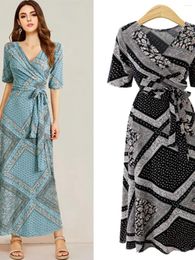 Plus Size Dresses Print Tied Dress Summer European Station V-neck Slimming Export Women's Clothing Fashion Long