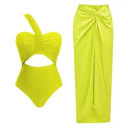 Women's Swimwear 2024 Green Braid One Piece Swimsuit And Skirt Women Cut Out Bodysuit Monokini High Leg Swim Suit Bathing Beachwear
