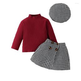 Clothing Sets Baby Girl Clothes Solid Color Long Sleeve High Neck T-Shirt Top Plaid Half-Body Skirt Hat 3Pcs Set For 1-3 Years Girls