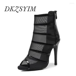 Dance Shoes SWDZM Women Sexy Stilettos Zipper Mesh High Heels Ballroom Party Boots Performance Salsa Dancing