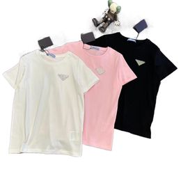 Women summer cotton fabric triangle appliqued logo short sleeve desinger t-shirts SML