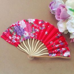 Decorative Figurines 10PCS Japanese Style Flower Design Bamboo Satin Silk Fabric Folding Fan With Mixed Colours Pocket Gift Hand Held Party