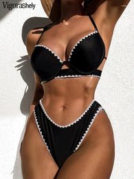 Women's Swimwear Vigoashely 2024 Sexy Black Strapped Bikini High Cut Push Up Swimsuit Women Cross Hollow Beach Backless Bathing Suit