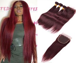 99J Burgundy Brazilian Virgin Hair Weave With Closure 4Pcs Lot Wine Red Silky Straight Human Hair 3 Bundles With 4x4039039 3846175