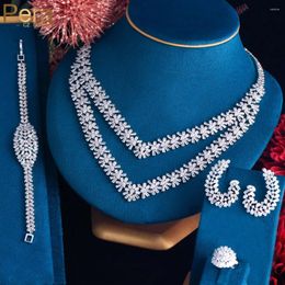 Necklace Earrings Set Pera Luxury 4Pcs Double-Layers Flower Charm Shiny White Zircon Bridal Wedding Party Jewelry For Women J105