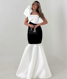 Elegant Long White&Black Satin Evening Dresses With Bow Mermaid Sleeveless Muslim Floor Length Zipper Back Prom Dresses for Women