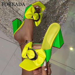 Slippers FOREADA Women Slides Square Toe Block High Heels Sandals Bow Metal Decoration Mixed Colors Lady Fashion Shoes Summer 42