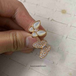 High End jewelry rings for vancleff womens Horse Butterfly White Fritillaria Double Butterfly Ring with Rose Gold Full Diamond Opening Exquisite Fairy Original 1:1