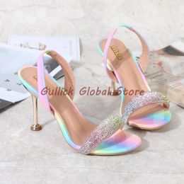 Dress Shoes 2024 Arrival Candy Colour PU Round Toe Rhinestone Elastic Band Stiletto Mixed Colours Sandals Summer ConciseComfortable