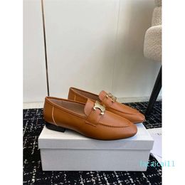 Khaki Spring and Autumn Loafers Style Triumphal Buckle Deep Cut Flat Shoes Women's Leather Shoes