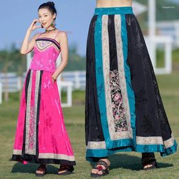Ethnic Clothing 2024 Traditional Chinese Vintage Skirt National Flower Embroidered Satin Jacquard Oriental Retro Folk Patchwork