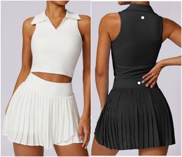 LL-8600 Womens Yoga Outfit Yoga Sets Skirts Vest Tennis Sport Gym Running Casual Shorts Elastic High Waist Sportwear Lined Turn-Down Collar