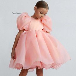 Fashion Girl White Princess Dress Tulle Puff Sleeve Wedding Party Kids Dresses For Girls Birthday Child Clothes Bridemaids Gown 0418