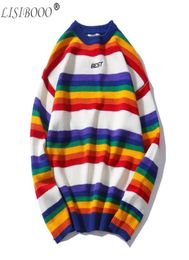 LISIBOOO New Fashion Retro Men Sweater Round Neck Sweater Rainbow Striped Couple Sweater Men and Women Lovers Loose Tops T2001018838913